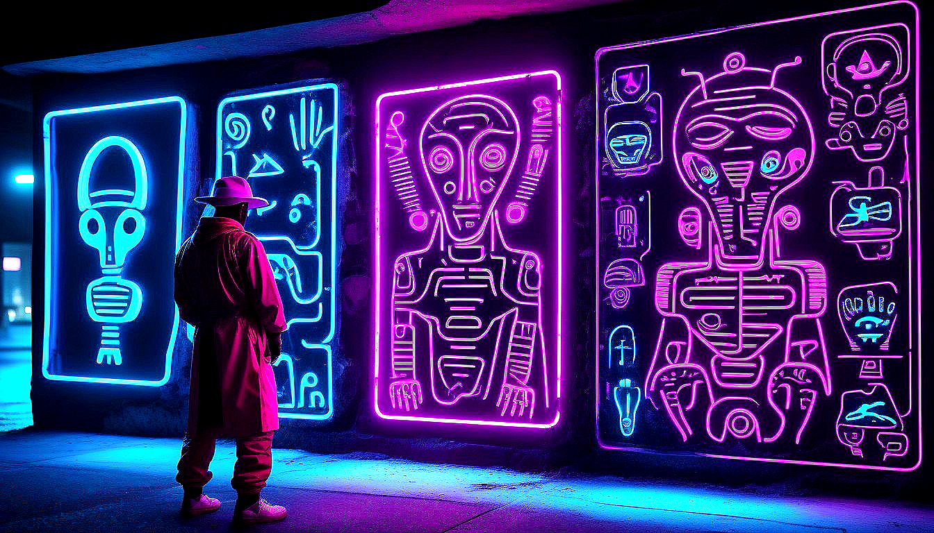 Neon mural — visitor studying four glowing panels