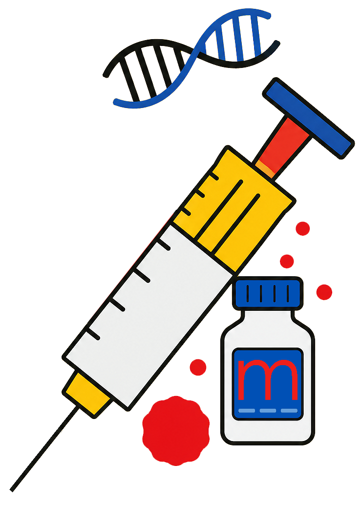 COVID-19 response illustration with syringe, vial and DNA
