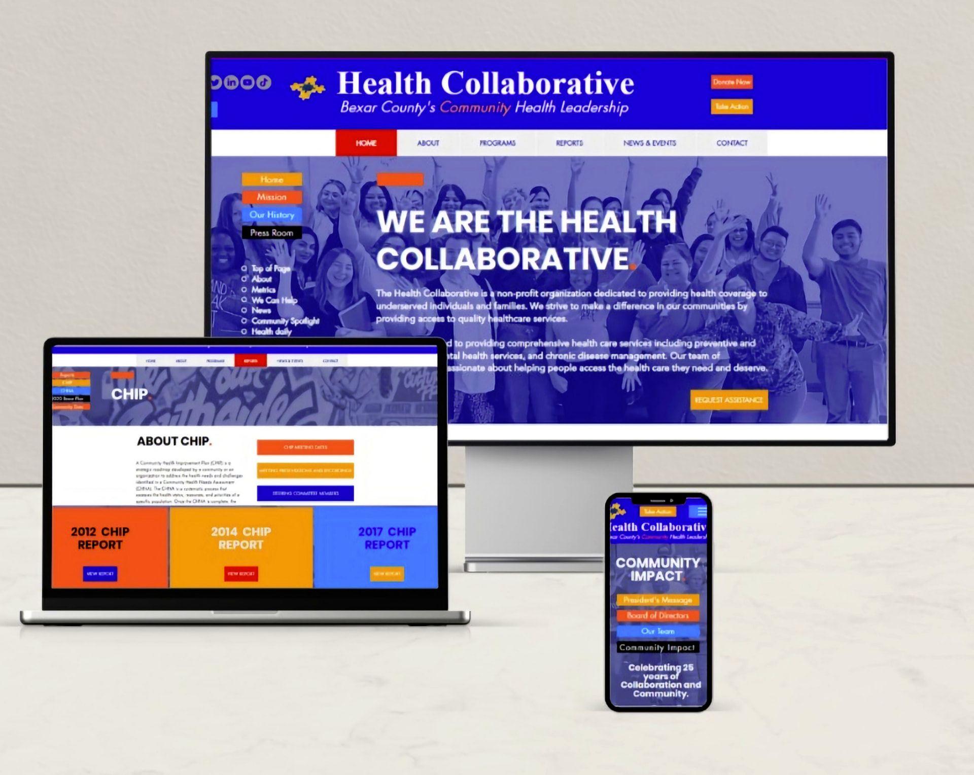 Health Collaborative website displayed across desktop, laptop, and phone