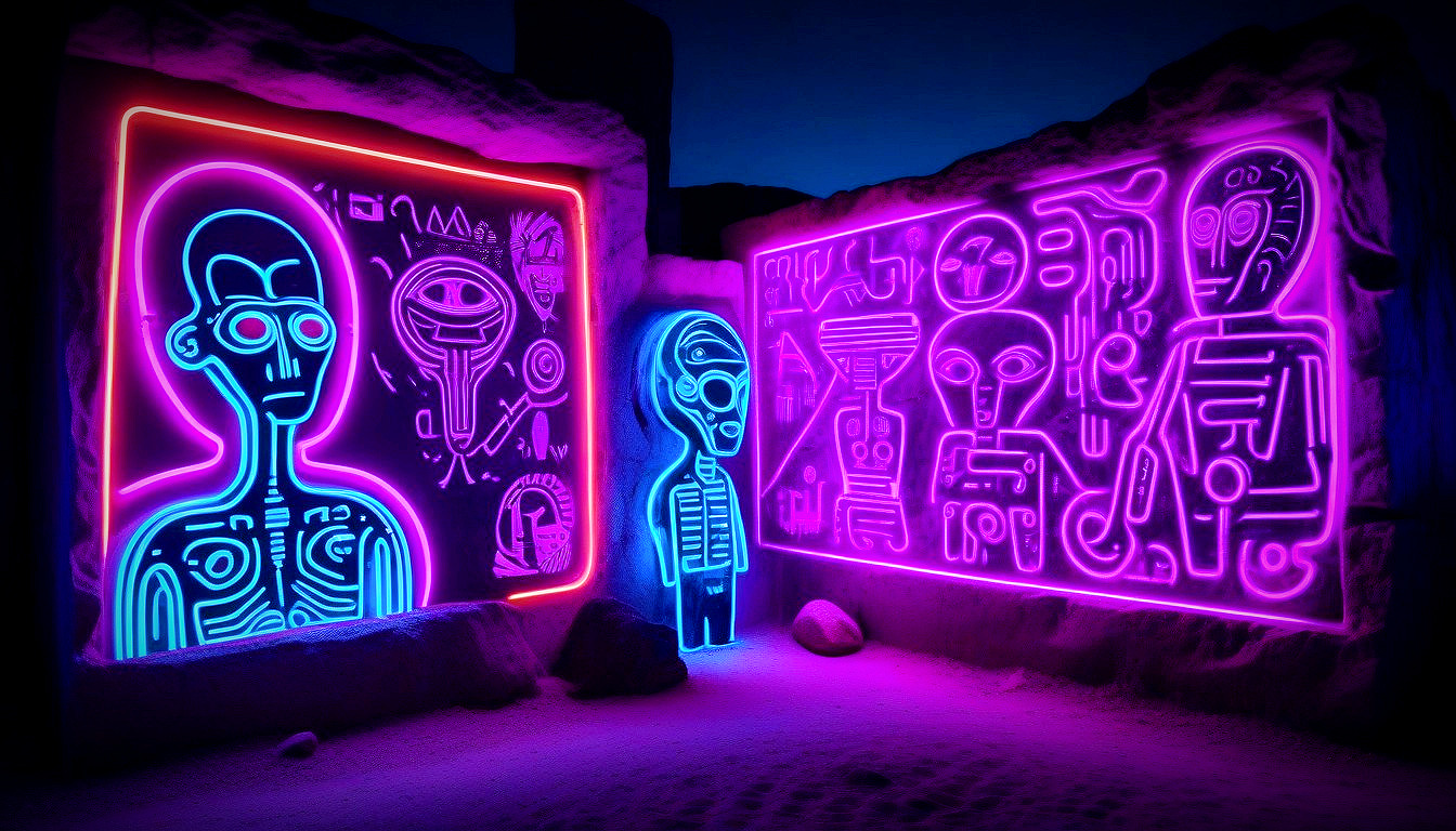 Neon mural — glowing figures in a night canyon