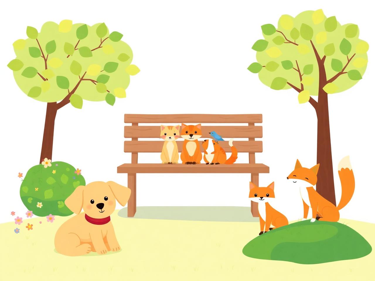 Illustrated summer park with a dog, cat, hamster, bird and fox gathered around a bench