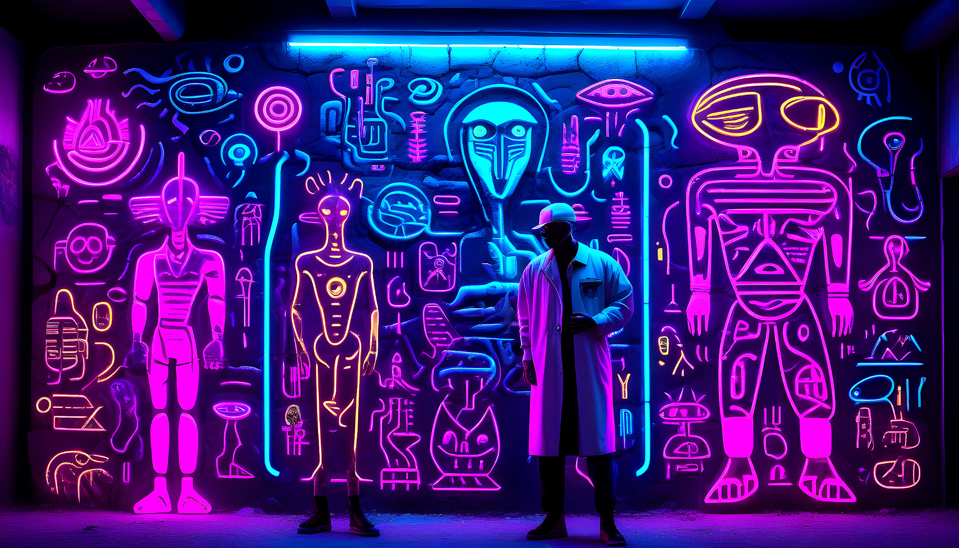 Neon mural — scientist before a glowing wall of symbols