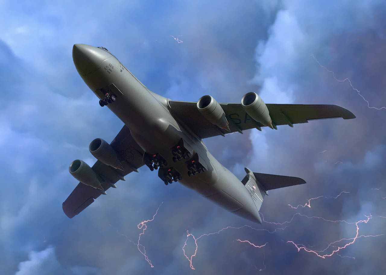 C-5 Galaxy in stormy skies
