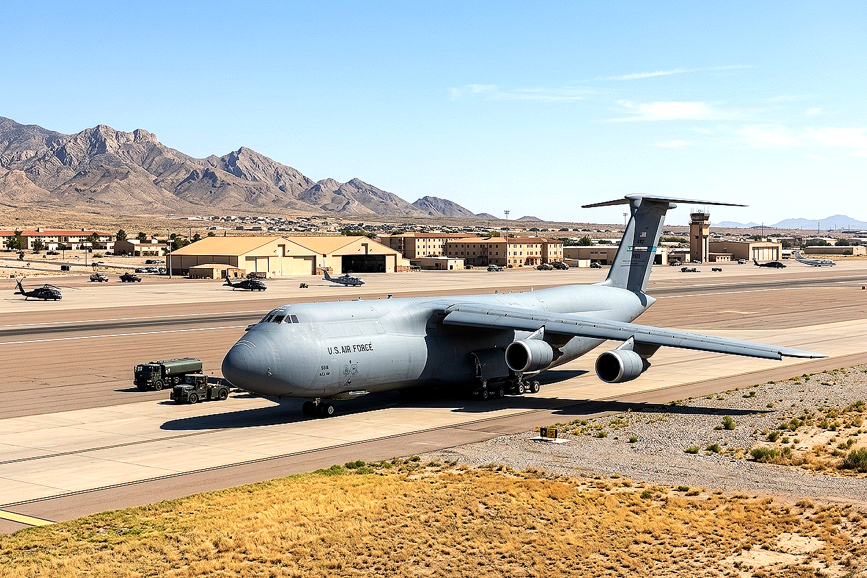 C-5 on desert runway with mountains