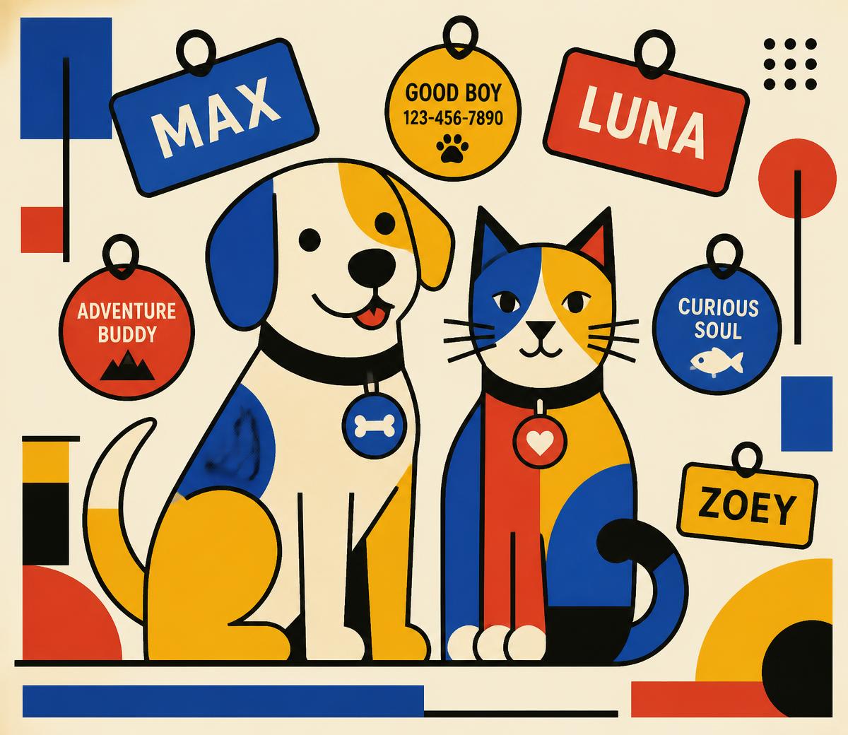 Illustrated dog and cat surrounded by pet name tags
